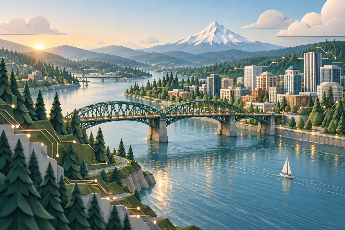 Portland-inspired river, bridge, evergreens, and mountain with connected technology pathways